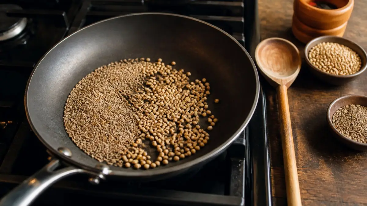 Close-up of whole cumin seeds and coriander seeds toasting in a dry frying pan on a hob, with a wooden spoon resting beside it and warm kitchen light