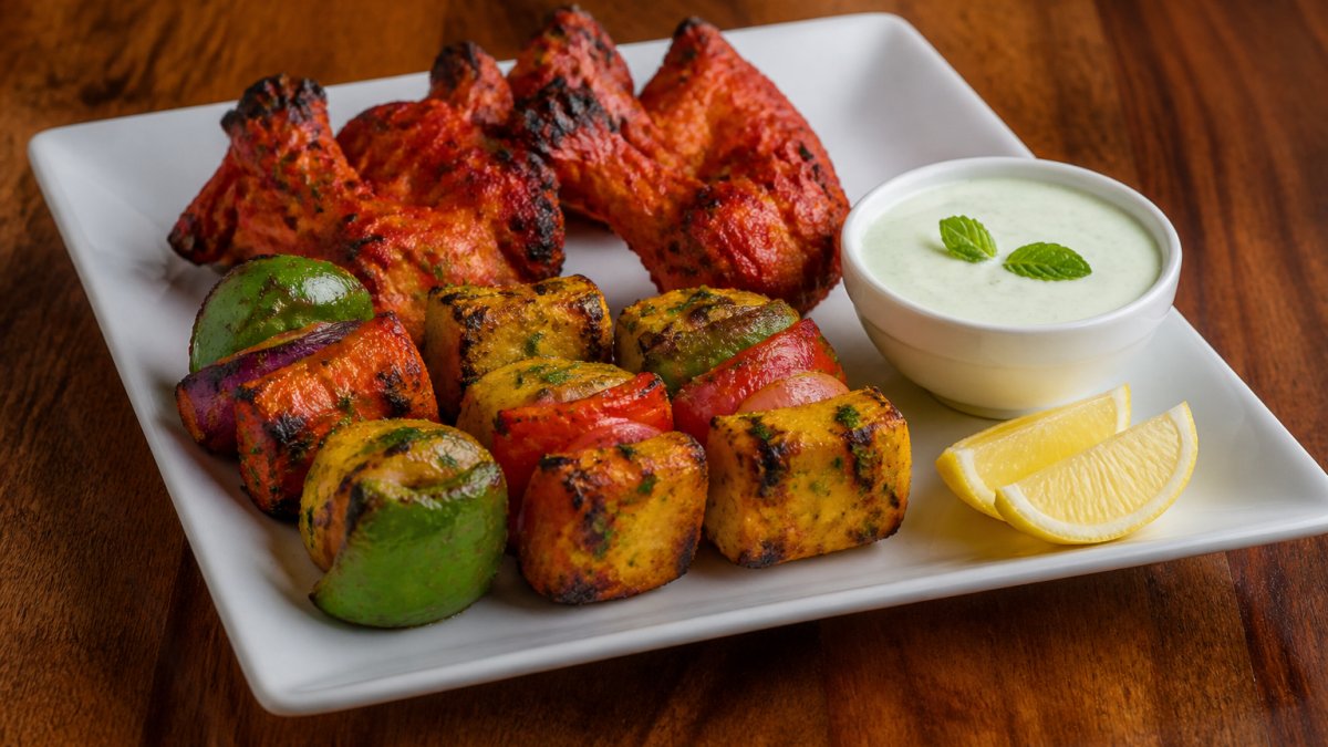 A freshly prepared plate of grilled Indian starters such as tandoori chicken and vegetable tikka, served with a small bowl of mint yoghurt and lemon wedges on a warm wooden table