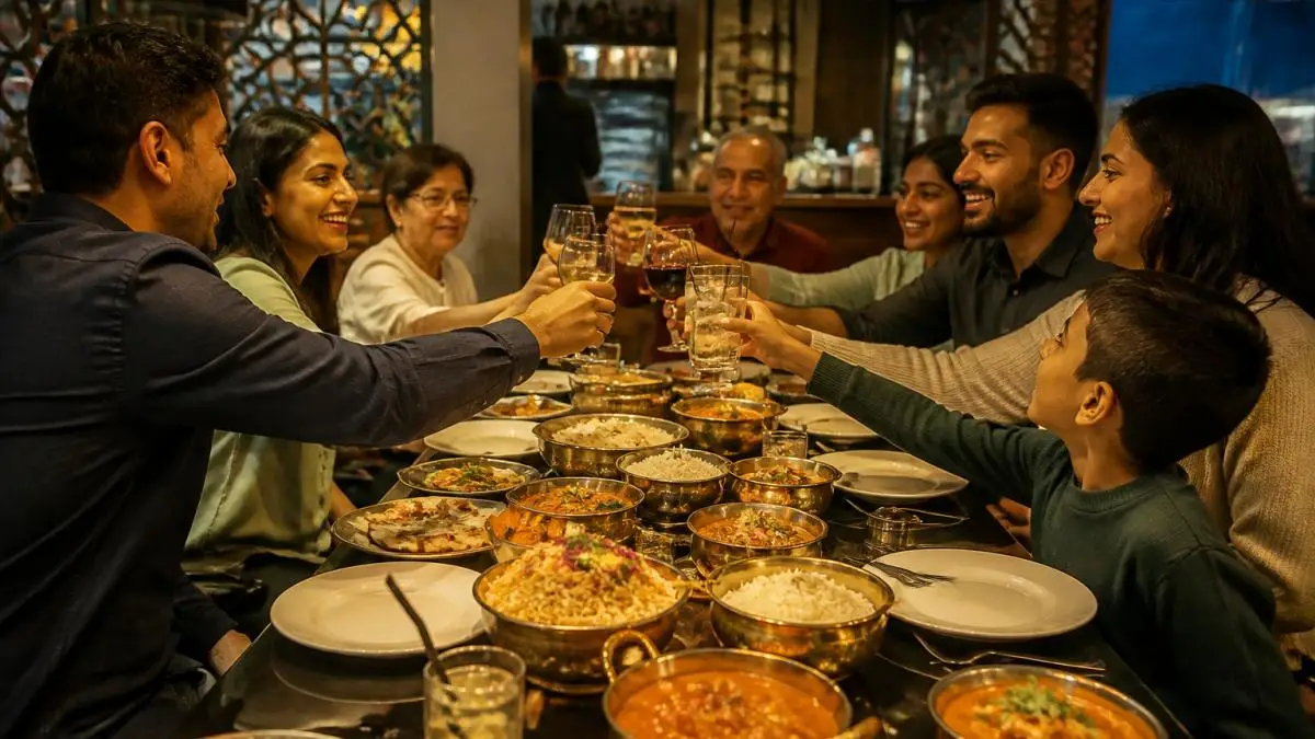 A warm, celebratory group dinner scene in an Indian restaurant, with a long table of friends and family sharing colourful curries, biryanis and sides, glasses raised in a toast, soft ambient lighting