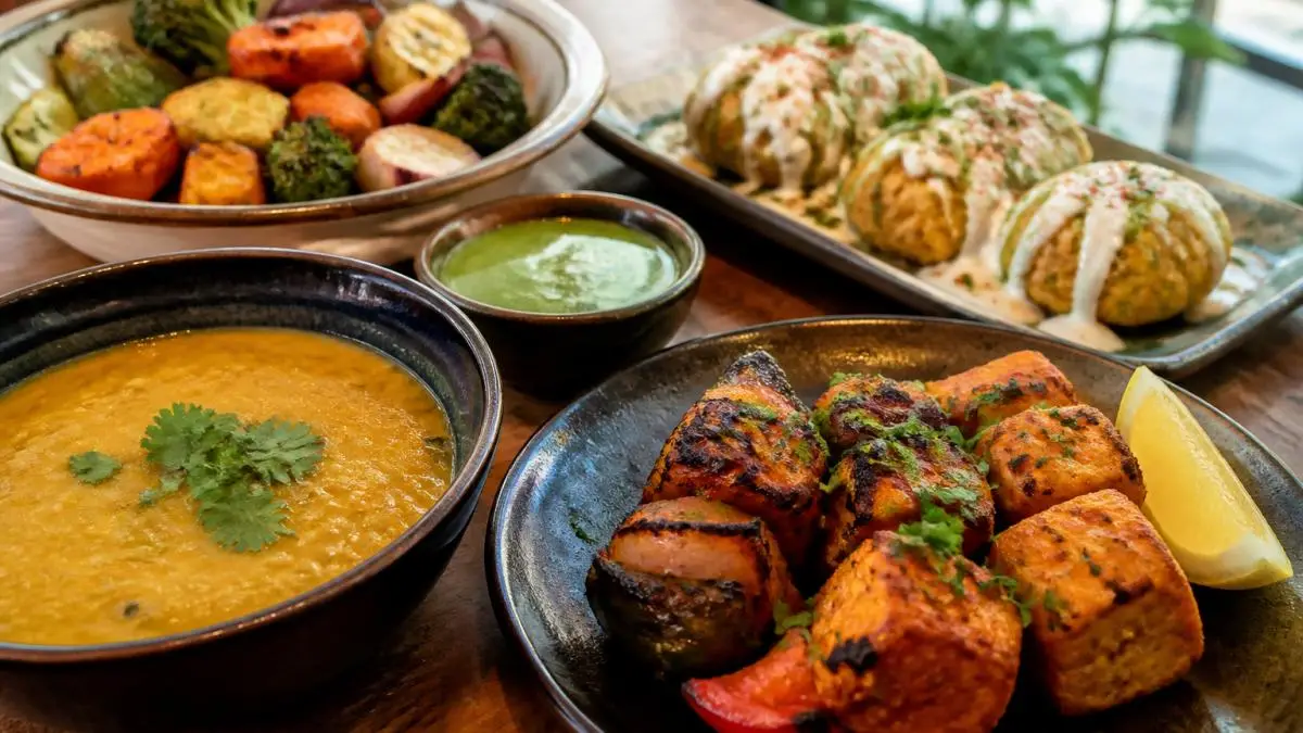A colourful spread of tandoori vegetables, lentil dal and grilled Indian street food served in small bowls on a warm wooden table, with fresh herbs and lemon wedges, natural daylight
