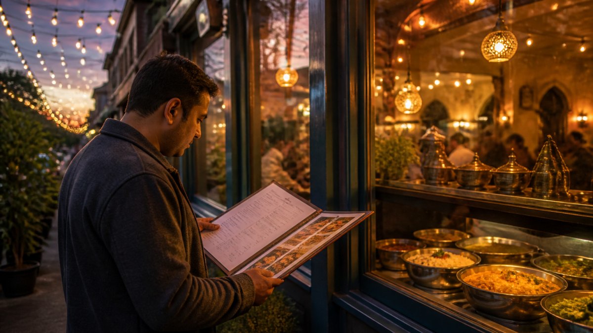 A person reading a menu outside a warmly lit Indian restaurant at dusk, aromatic dishes visible through the window, string lights overhead
