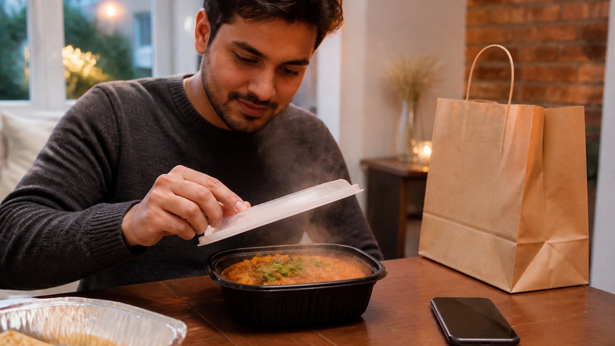 A person lifting the lid from a takeaway container at a kitchen table, steam rising from a hot curry, a phone showing an order confirmation beside it, warm evening light